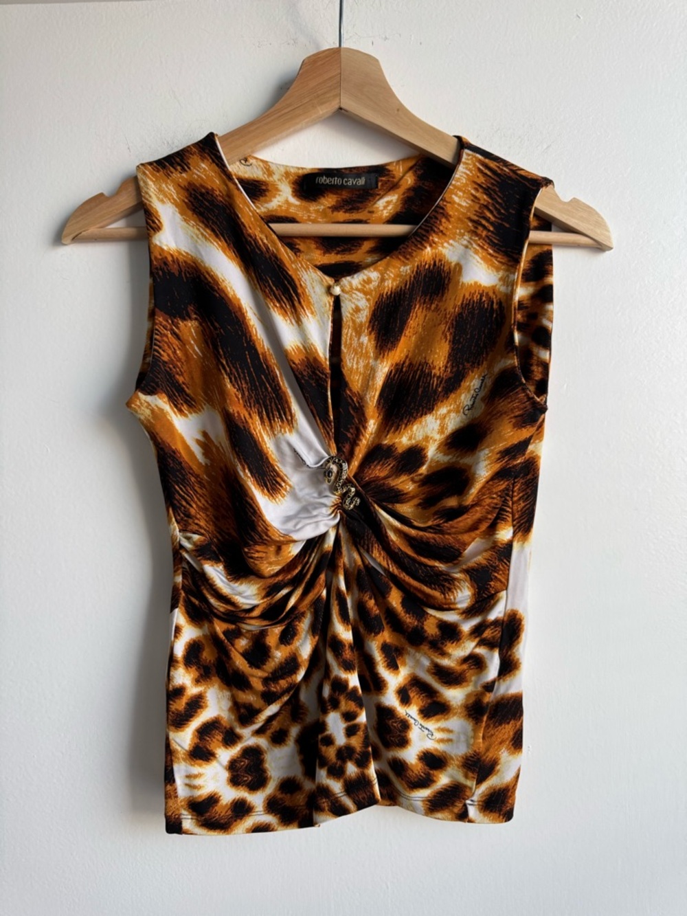 Roberto Cavalli Leopard Print Top – Y2K Keyhole Tank with Snake Emblem